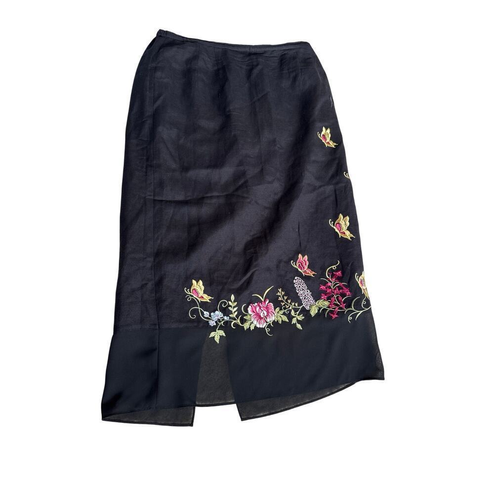 Vintage Embroidered Linen Blend Skirt w/ Sheer Hem Petite